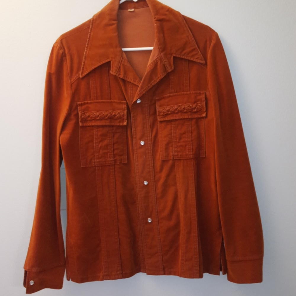 orange suede button up or jacket